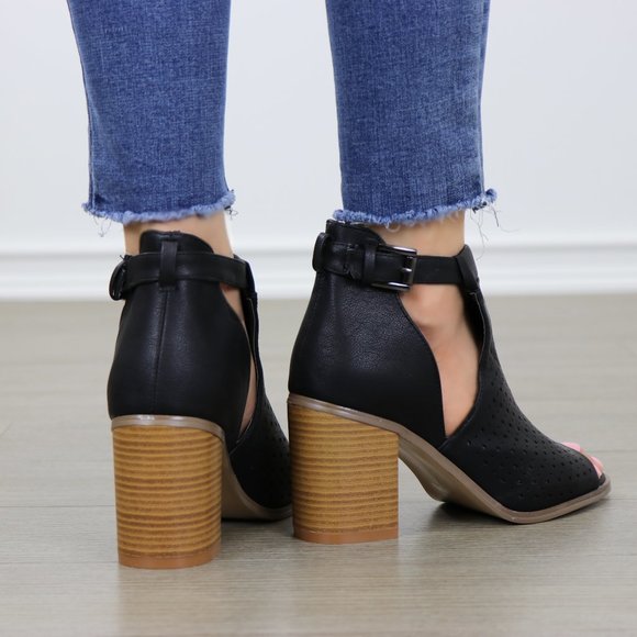 Peep Toe Black Faux Leather Heeled Ankle Boots - Picture 4 of 8